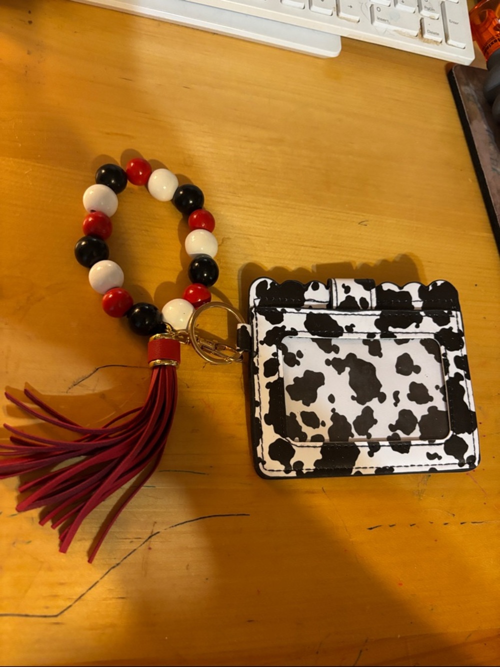 Dell Black White Cowprint Cardholder with Red Beaded Tassel Keychain
